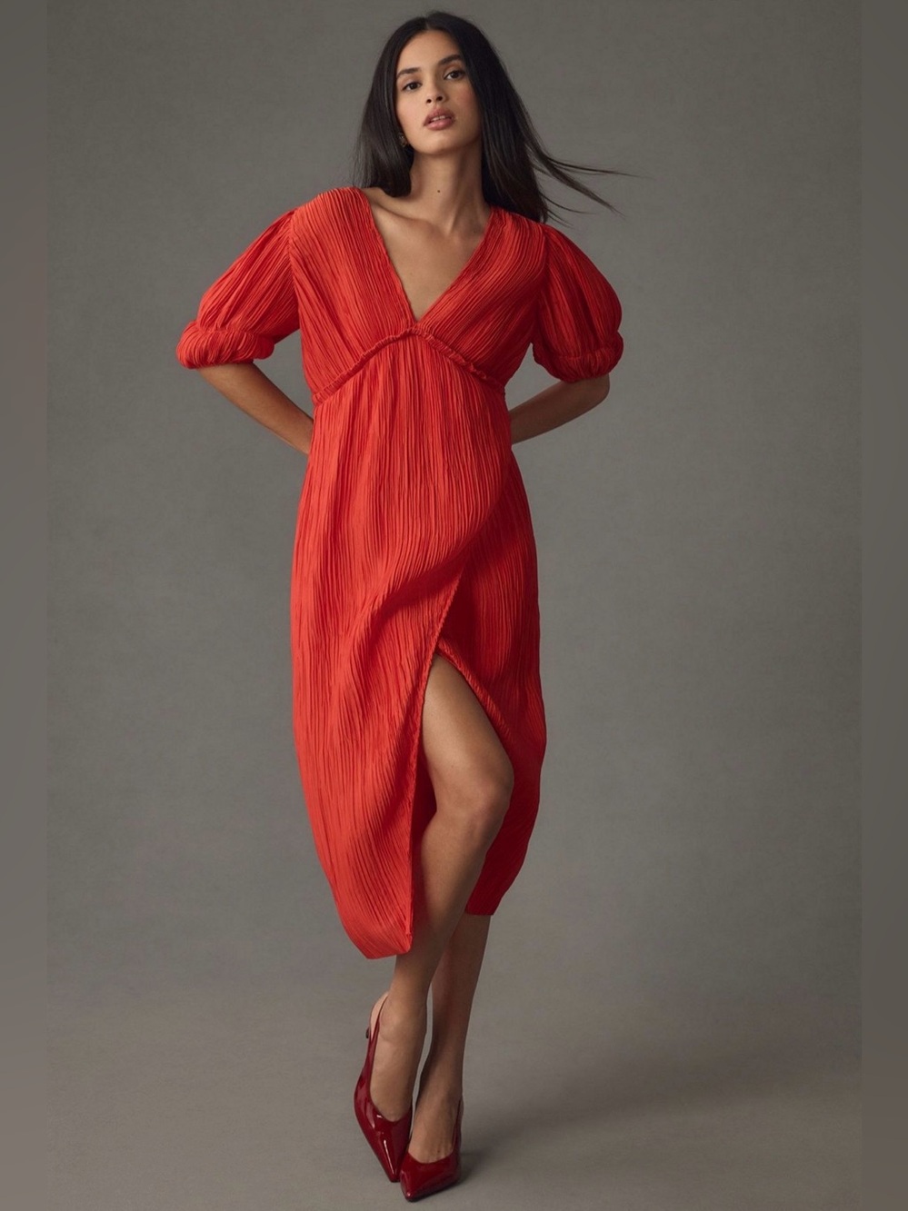 Anthropologie Red Pleated V-Neck Midi Dress Size 3X